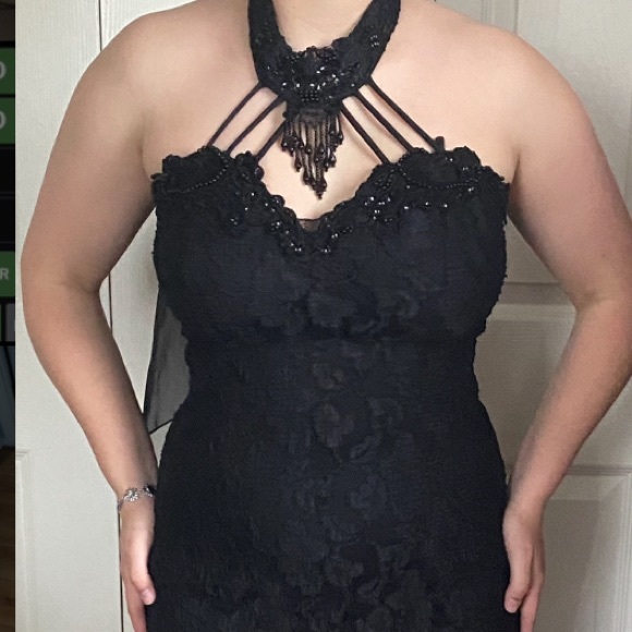 🕷️ Vintage Roberta High Neck Emo Goth Lace Beaded Prom Dress Gown With Sash 🕷️ - Picture 3 of 14